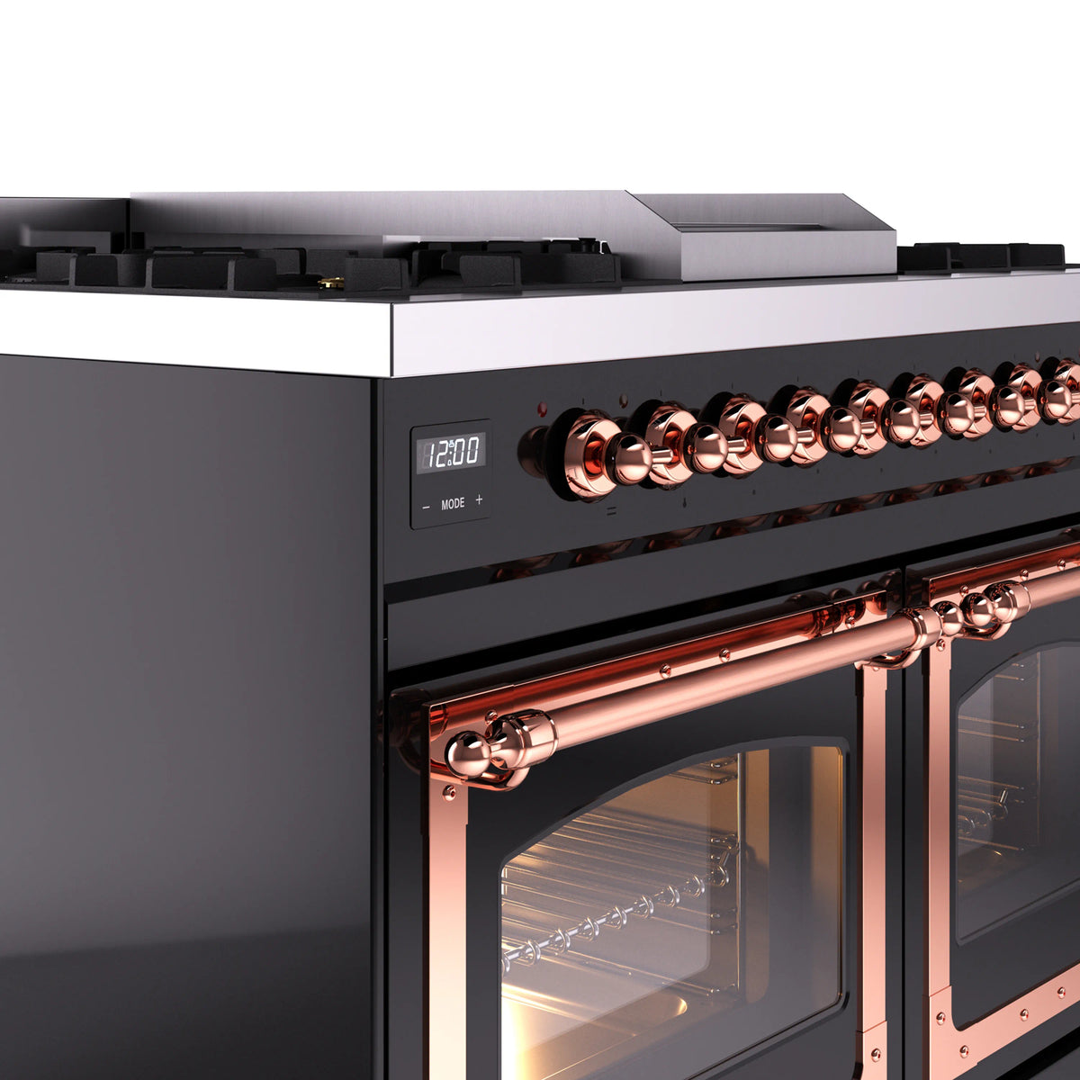 Dual-fuel range control knobs with copper accents and oven door with glass window