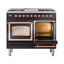 ILVE 40-Inch Nostalgie II Noblesse Natural Gas Dual Fuel Range with Triple Glass Door Oven in Glossy Black with Copper Trim (UND40FNMPBKP)