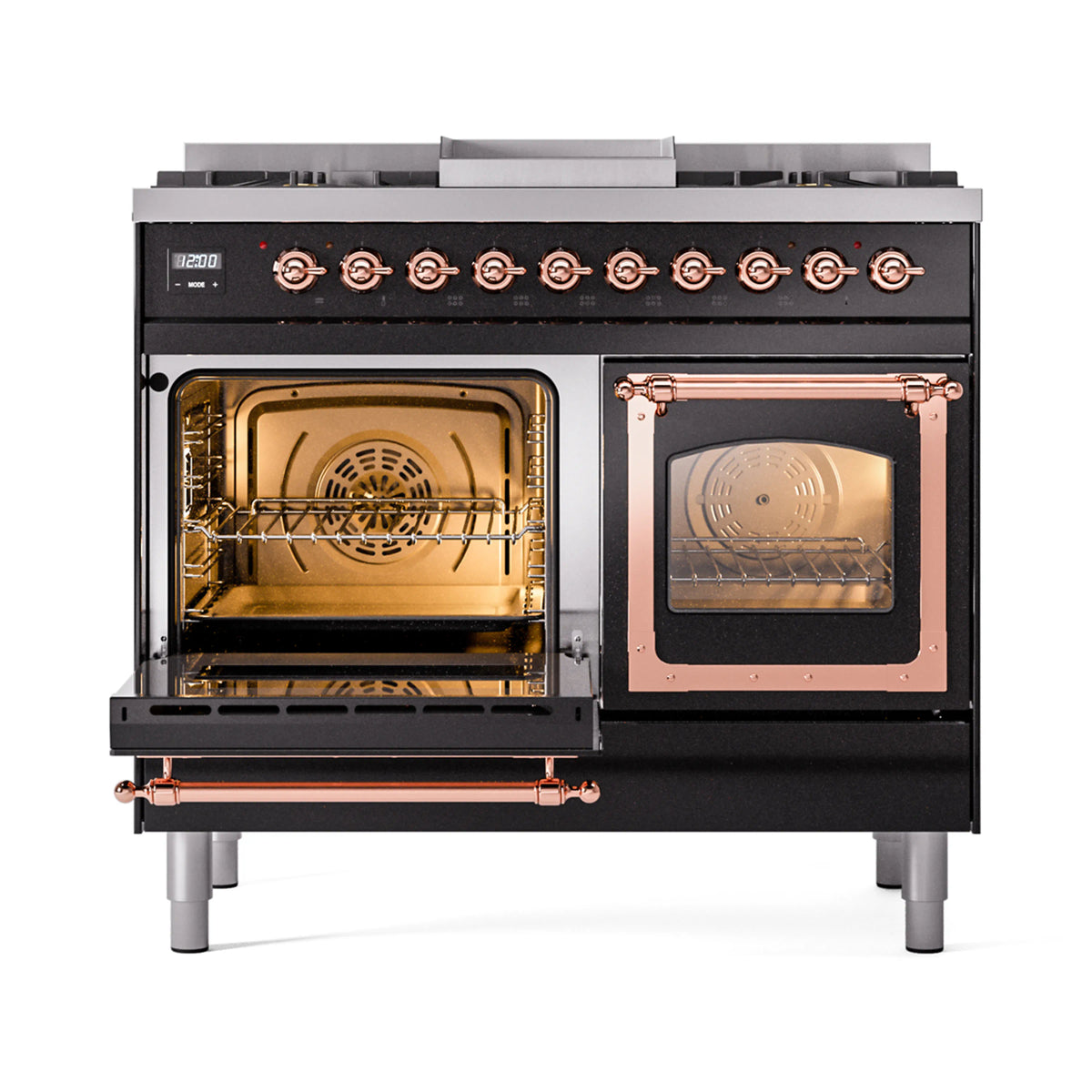 Black dual fuel range with one oven open, copper handle and brass-toned interior light