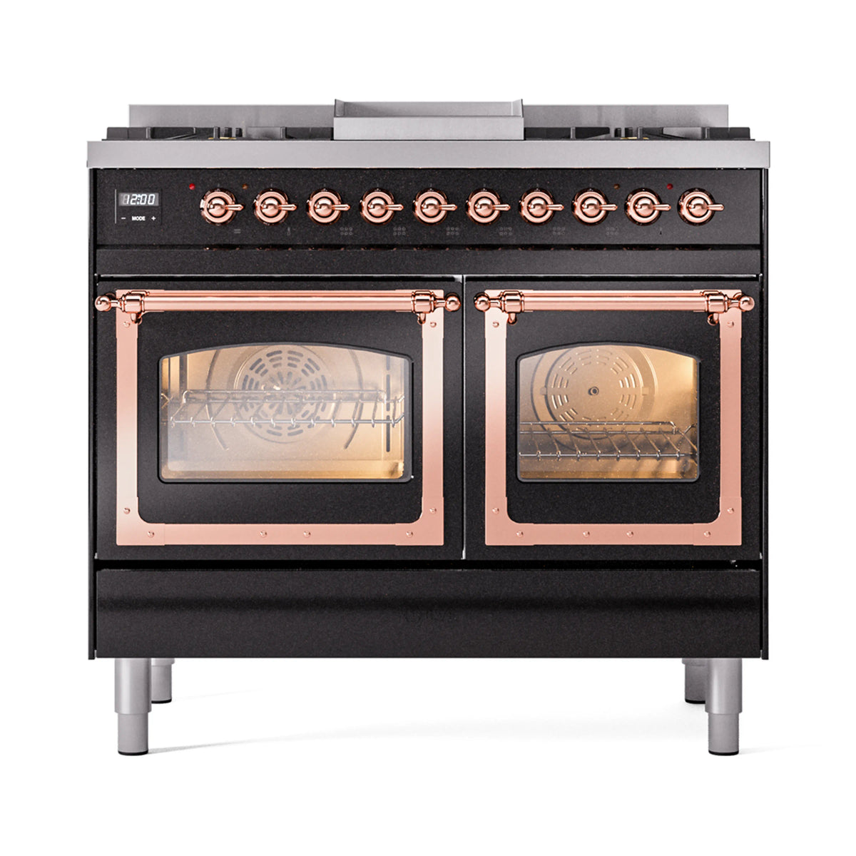 Glossy black dual-fuel range front with two oven windows and copper-trimmed burner controls