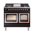 ILVE 40-Inch Nostalgie II Noblesse Natural Gas Dual Fuel Range with Triple Glass Door Oven in Glossy Black with Copper Trim (UND40FNMPBKP)