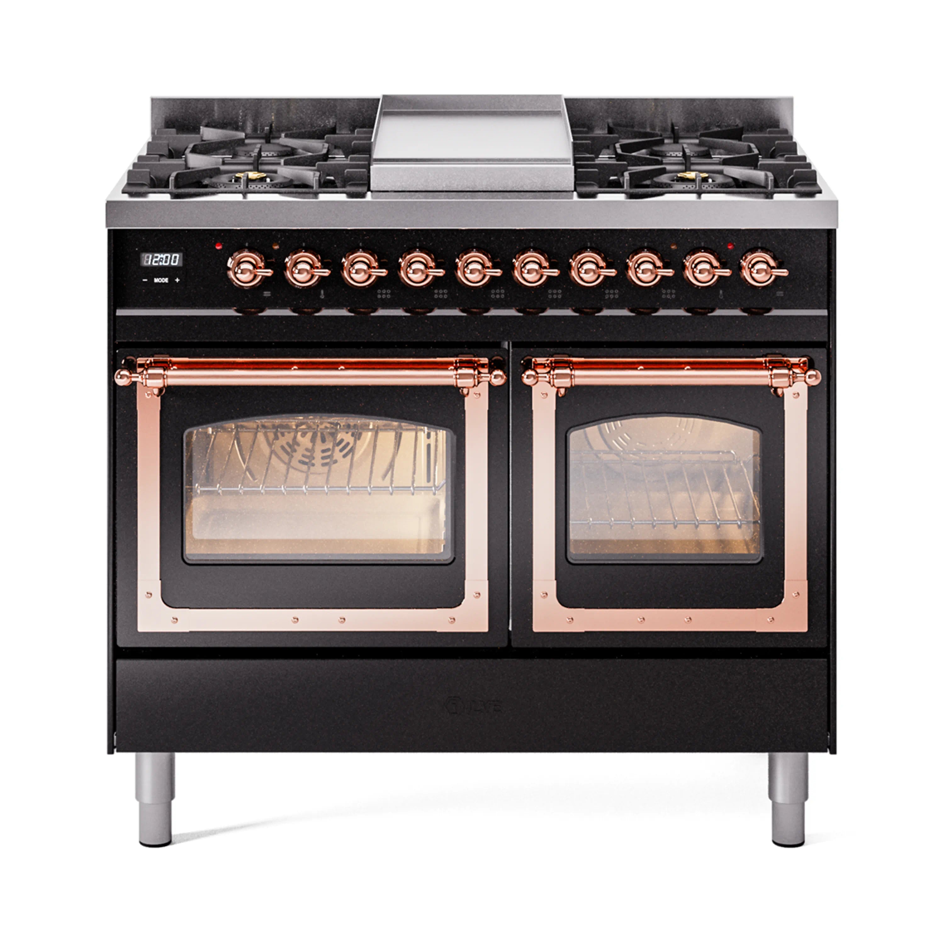 Glossy black dual-fuel gas range with copper trim, triple-glass oven doors, cooktop burners