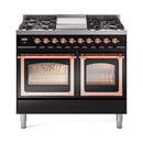 ILVE 40-Inch Nostalgie II Noblesse Natural Gas Dual Fuel Range with Triple Glass Door Oven in Glossy Black with Copper Trim (UND40FNMPBKP)