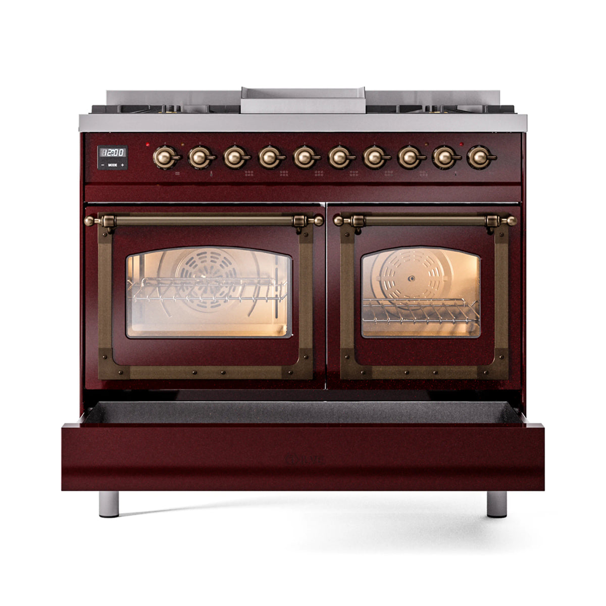 Burgundy dual fuel range with bronze handles and two glass oven doors