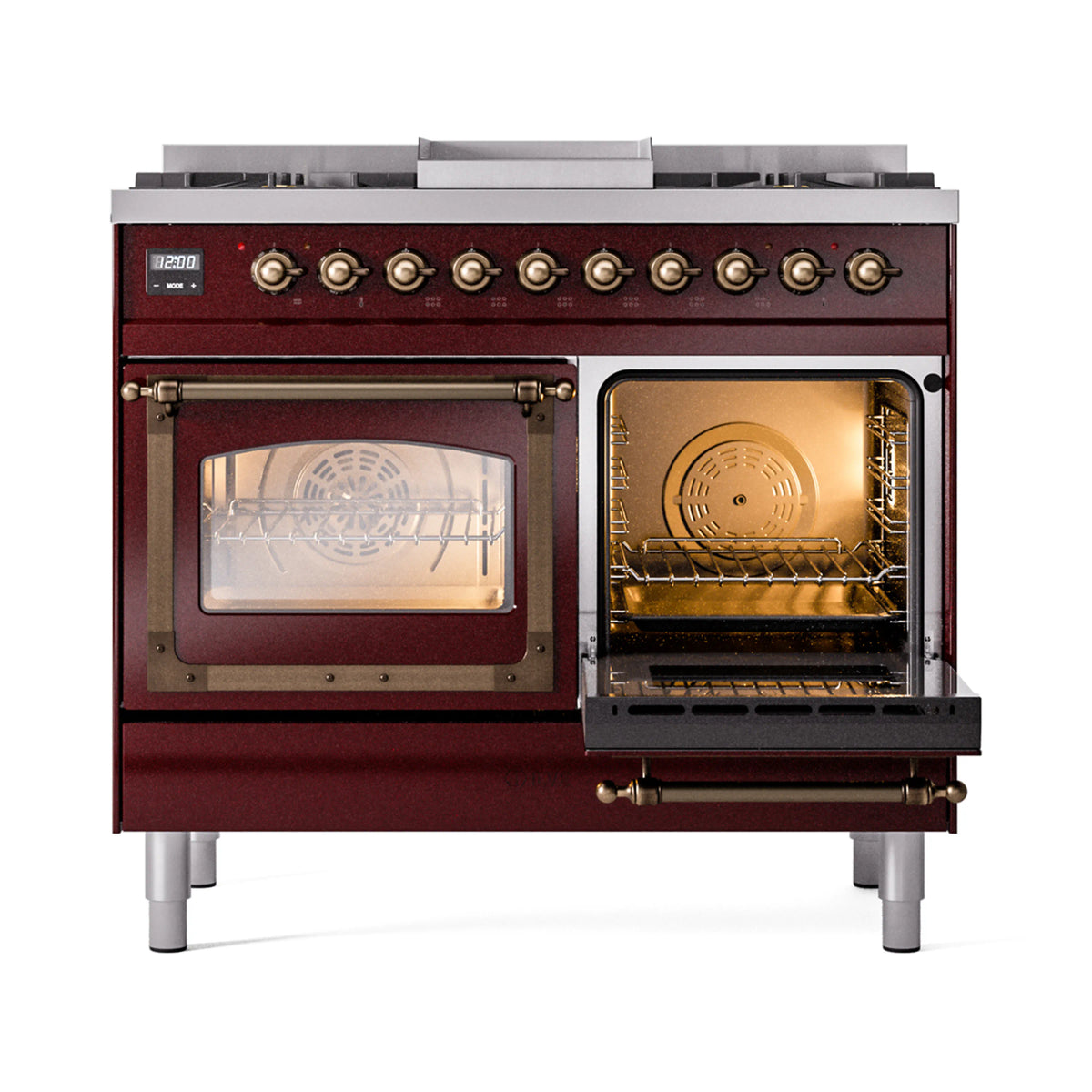 Burgundy dual fuel range with open left oven door, visible rack, and bronze handle