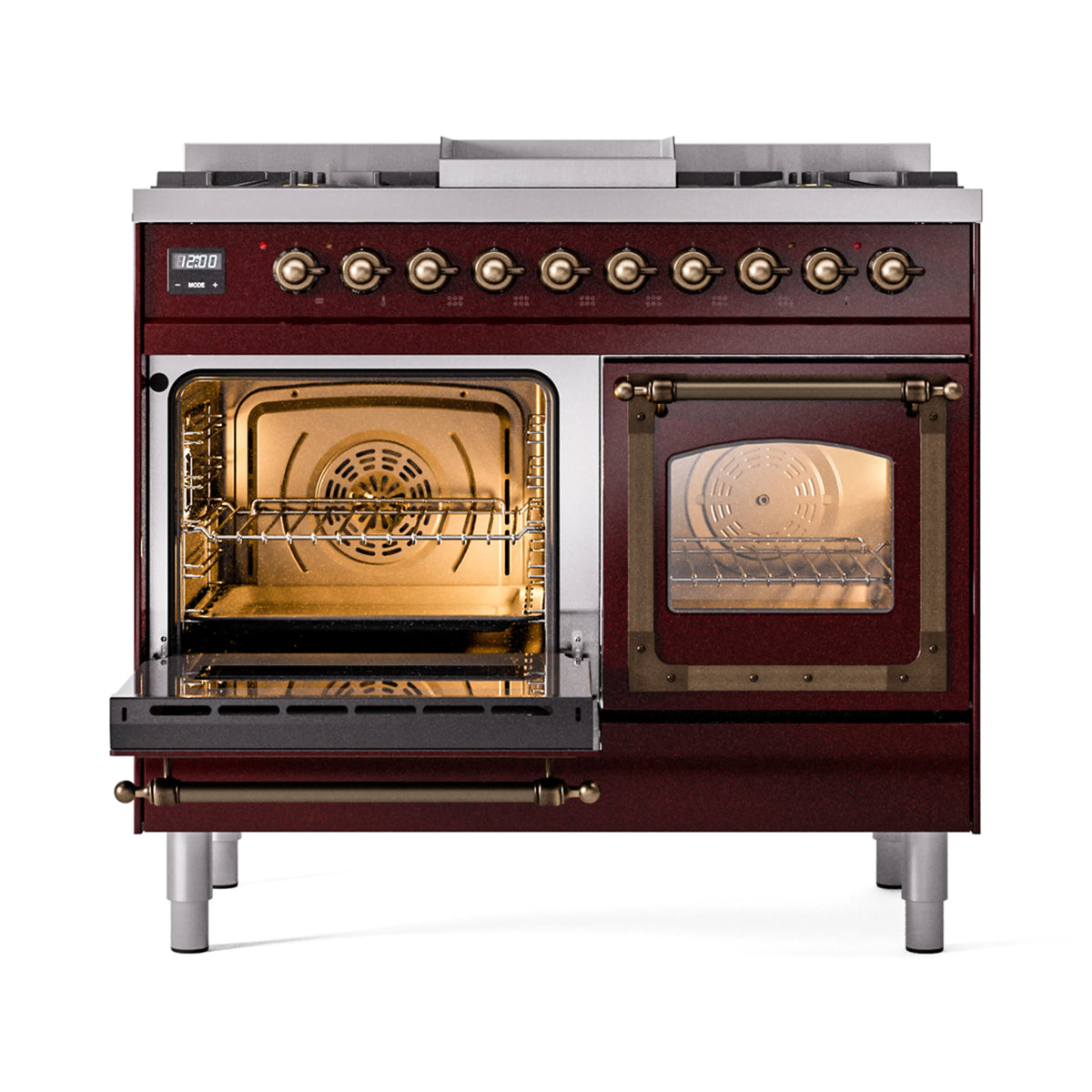 Burgundy dual fuel range with one oven lit, showing interior fan and baking rack