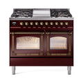 ILVE 40-Inch Nostalgie II Noblesse Natural Gas Dual Fuel Range with Triple Glass Door Oven in Burgundy with Bronze Trim (UND40FNMPBUB)