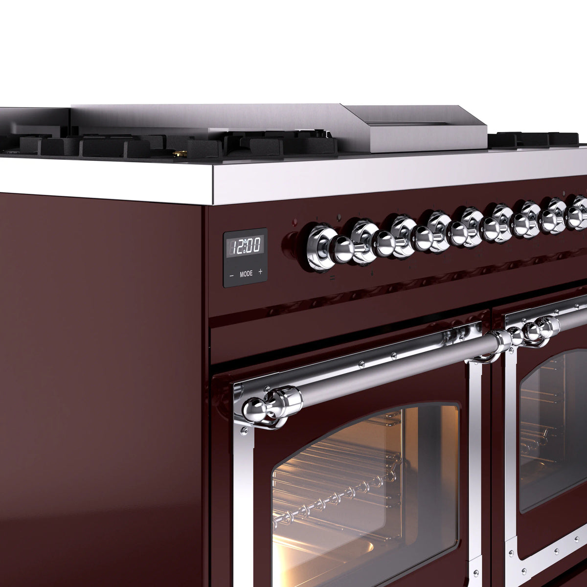 Burgundy dual fuel range control knobs and chrome handle with oven door window details