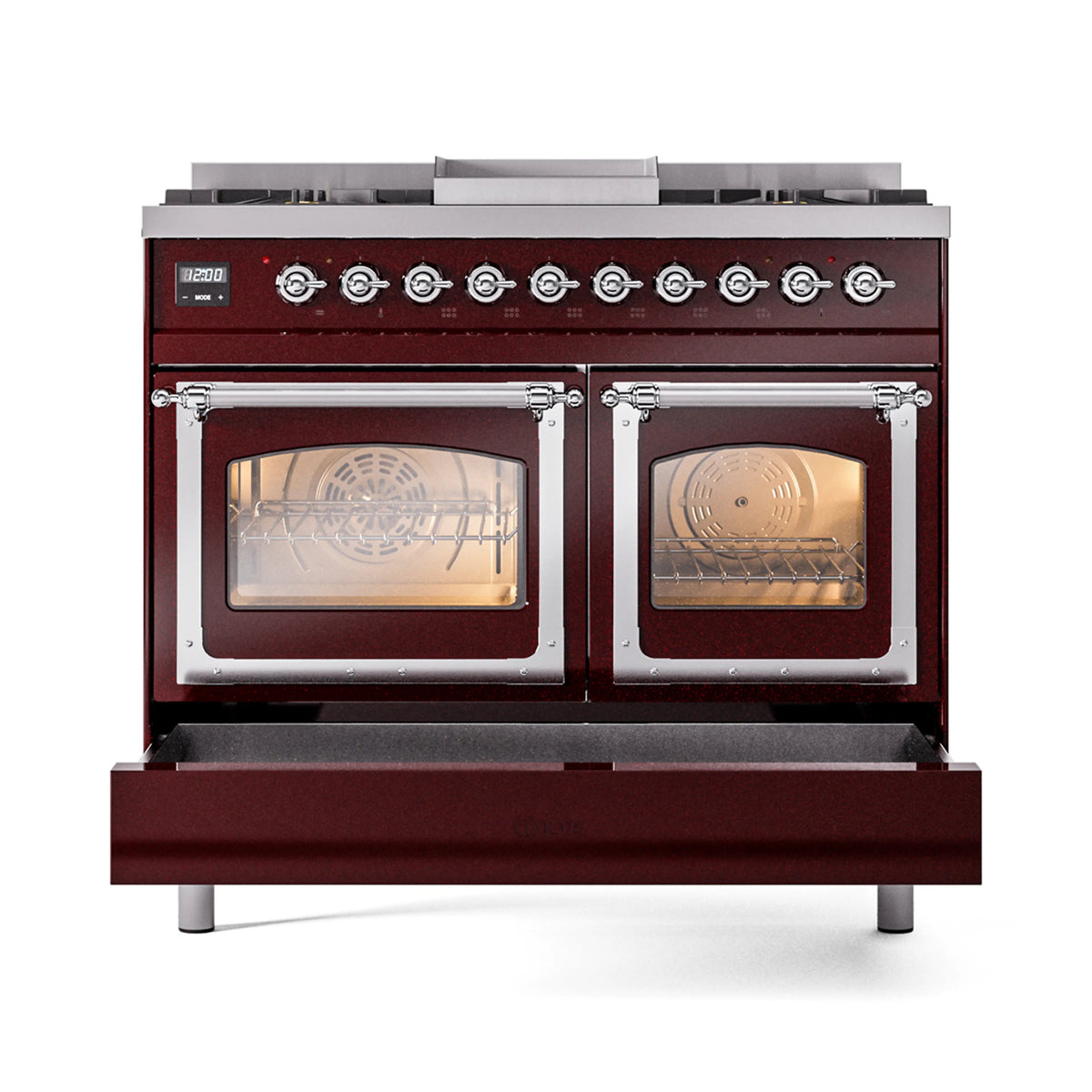 Burgundy dual fuel gas range with triple-glass ovens and chrome trim, front view