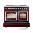 ILVE 40-Inch Nostalgie II Noblesse Natural Gas Dual Fuel Range with Triple Glass Door Oven in Burgundy with Chrome Trim (UND40FNMPBUC)