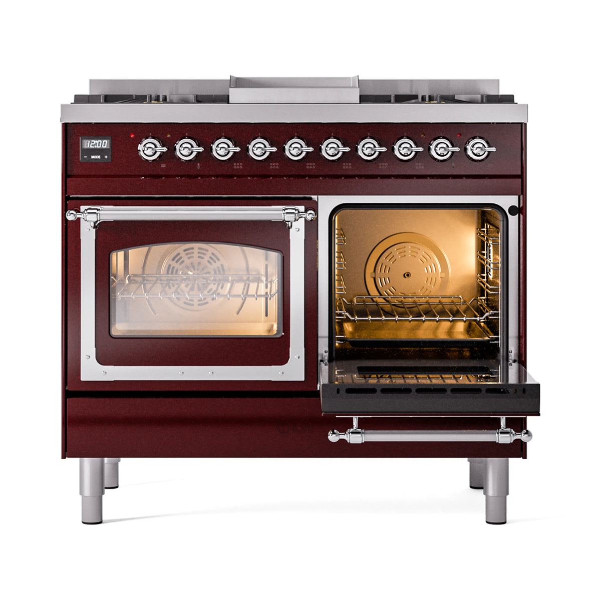 Burgundy dual fuel range with right oven open, left glass door closed, and chrome control knobs