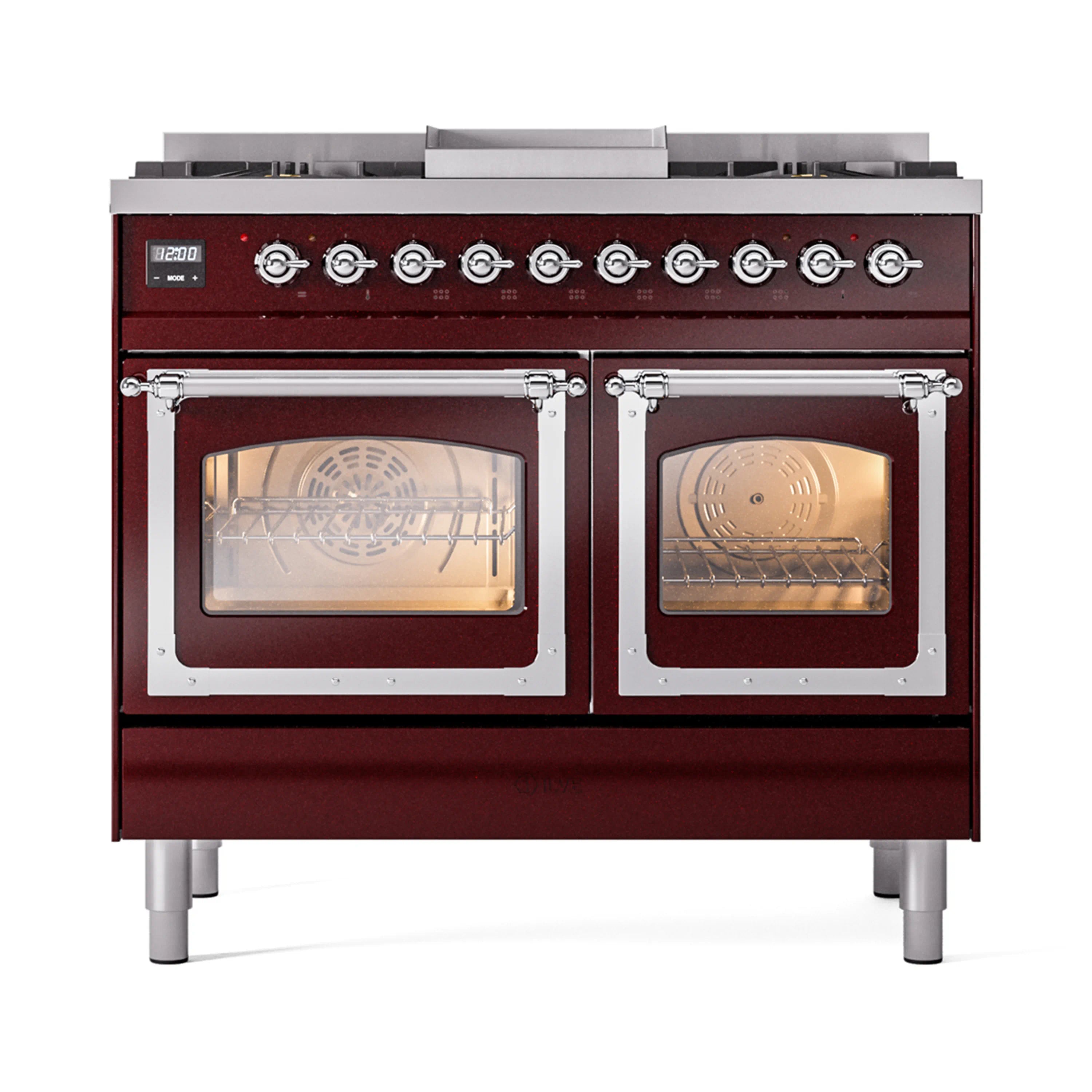 Burgundy dual fuel range with chrome knobs, cooktop burners, and both oven doors open