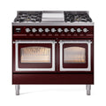 ILVE 40-Inch Nostalgie II Noblesse Natural Gas Dual Fuel Range with Triple Glass Door Oven in Burgundy with Chrome Trim (UND40FNMPBUC)
