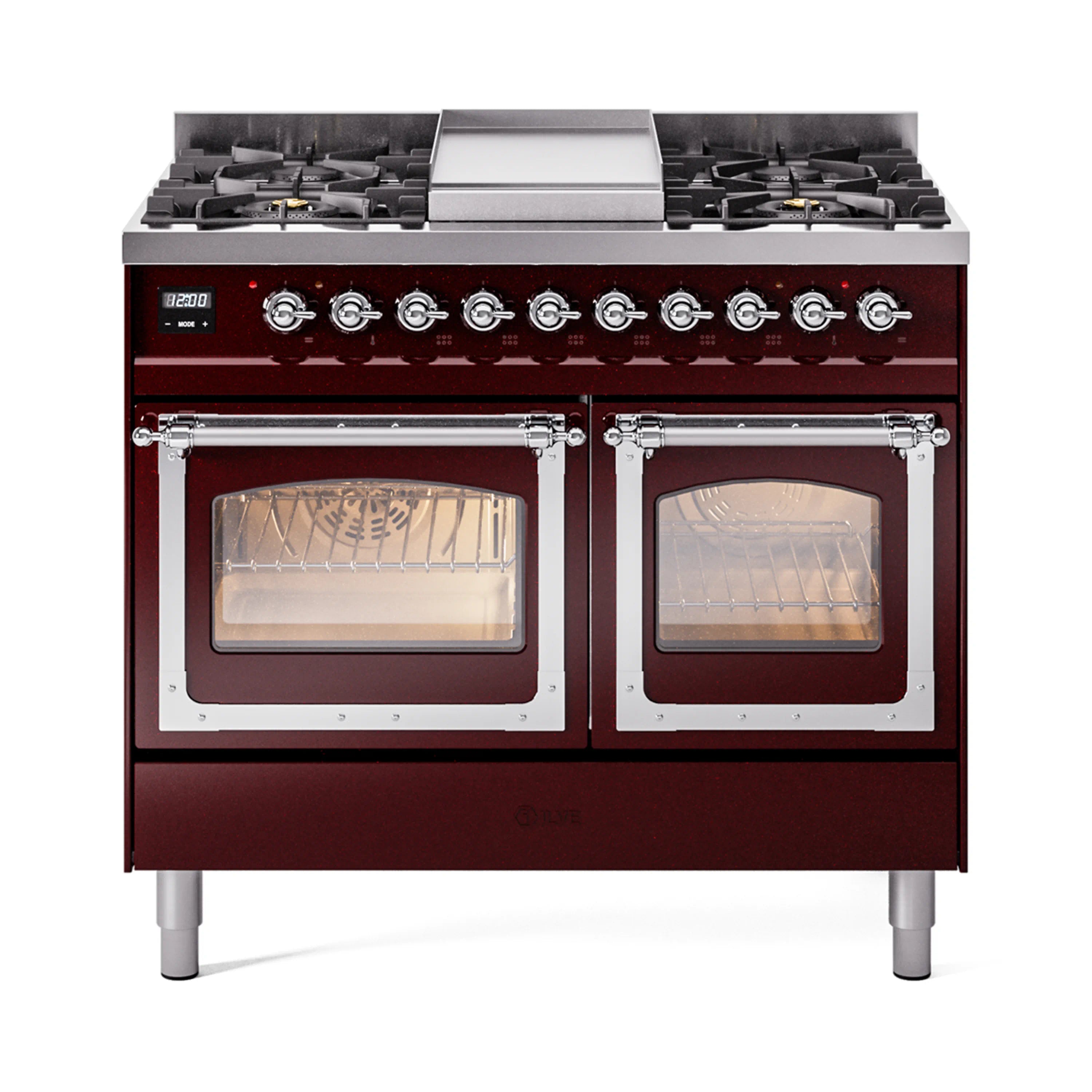Burgundy dual fuel range with chrome knobs, sealed cooktop burners, and double glass oven doors