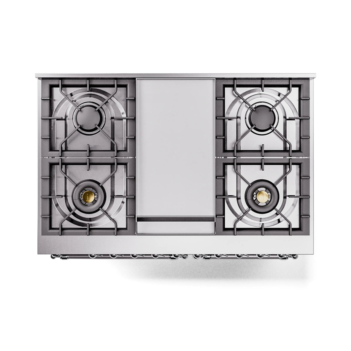 Dual fuel range cooktop with two burners and center panel, shown from above