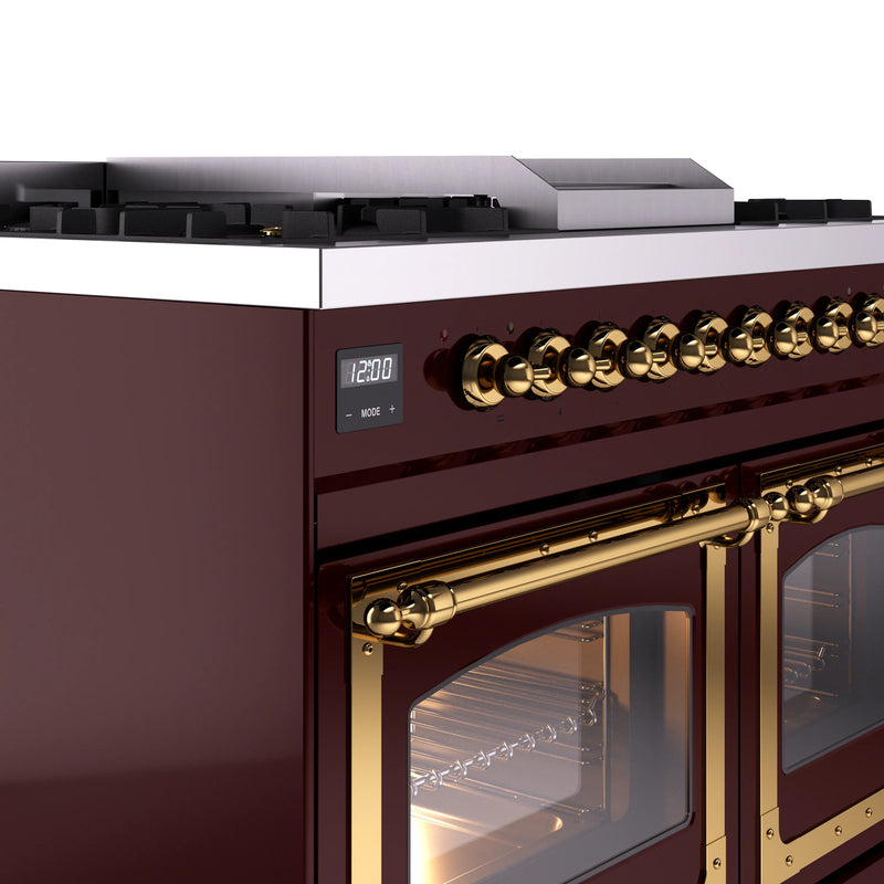 ILVE 40-Inch Nostalgie II Noblesse Dual Fuel Range with Triple Glass Door Oven in Burgundy with Brass Trim (UND40FNMPBUG)