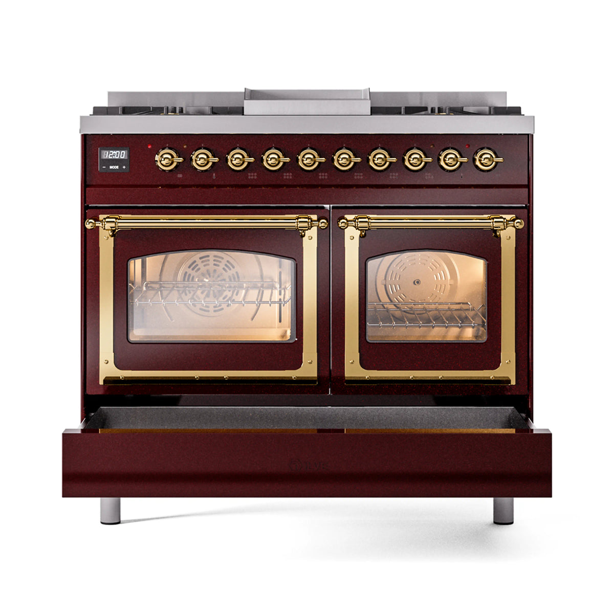 Burgundy dual-fuel gas range with two lit oven windows and brass trim, top front view