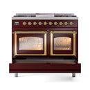 ILVE 40-Inch Nostalgie II Noblesse Natural Gas Dual Fuel Range with Triple Glass Door Oven in Burgundy with Brass Trim (UND40FNMPBUG)