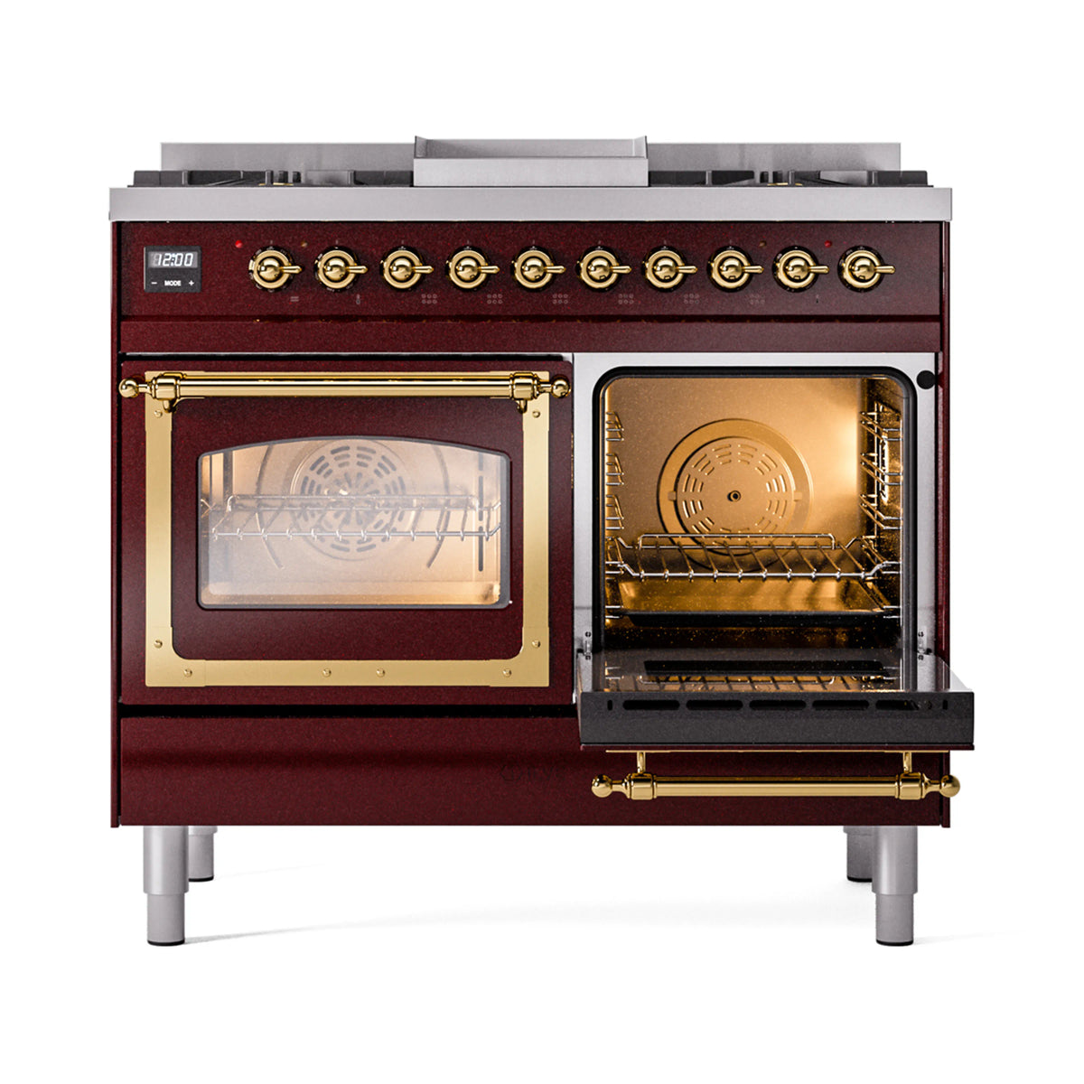 Burgundy dual-fuel gas range with open oven door and illuminated interior, brass trim