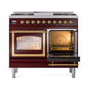 ILVE 40-Inch Nostalgie II Noblesse Natural Gas Dual Fuel Range with Triple Glass Door Oven in Burgundy with Brass Trim (UND40FNMPBUG)