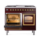 ILVE 40-Inch Nostalgie II Noblesse Natural Gas Dual Fuel Range with Triple Glass Door Oven in Burgundy with Brass Trim (UND40FNMPBUG)