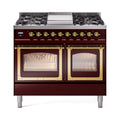 ILVE 40-Inch Nostalgie II Noblesse Natural Gas Dual Fuel Range with Triple Glass Door Oven in Burgundy with Brass Trim (UND40FNMPBUG)