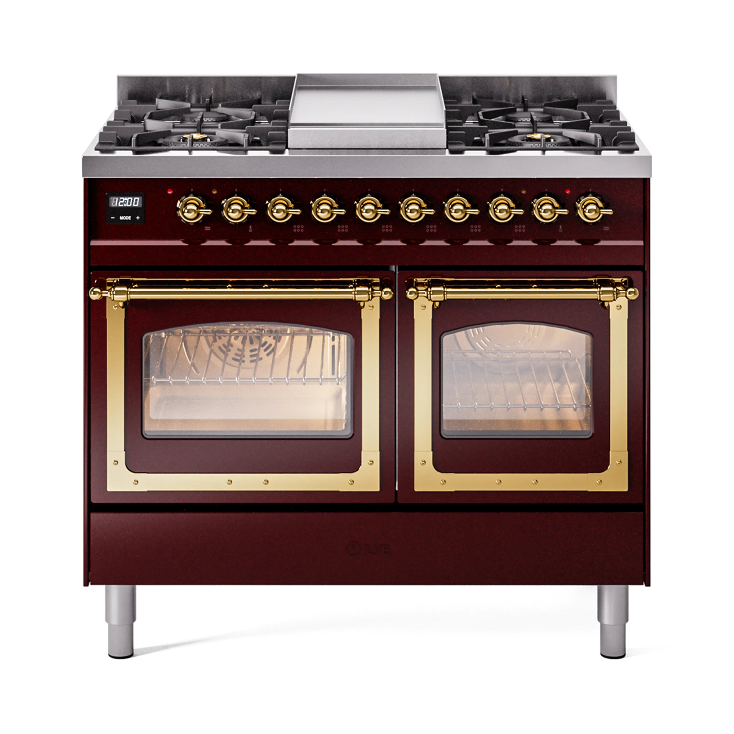 Burgundy gas range with brass trim, two glass-front ovens, and 6 burner cooktop