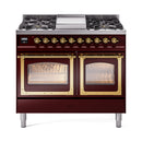 ILVE 40-Inch Nostalgie II Noblesse Natural Gas Dual Fuel Range with Triple Glass Door Oven in Burgundy with Brass Trim (UND40FNMPBUG)