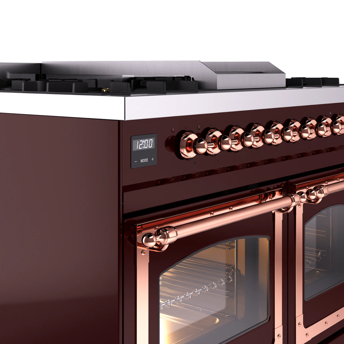 Burgundy control panel with copper knobs and front oven handle detail