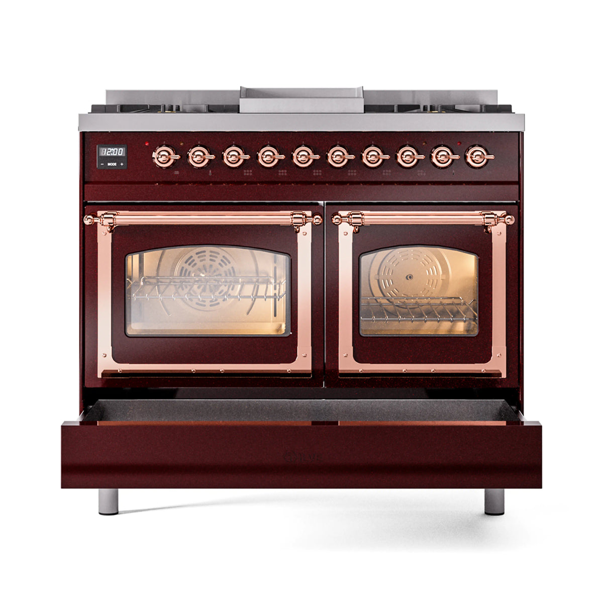 Burgundy range with copper-trimmed glass oven doors and brass-toned control knobs