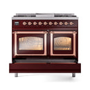 ILVE 40-Inch Nostalgie II Noblesse Natural Gas Dual Fuel Range with Triple Glass Door Oven in Burgundy with Copper Trim (UND40FNMPBUP)