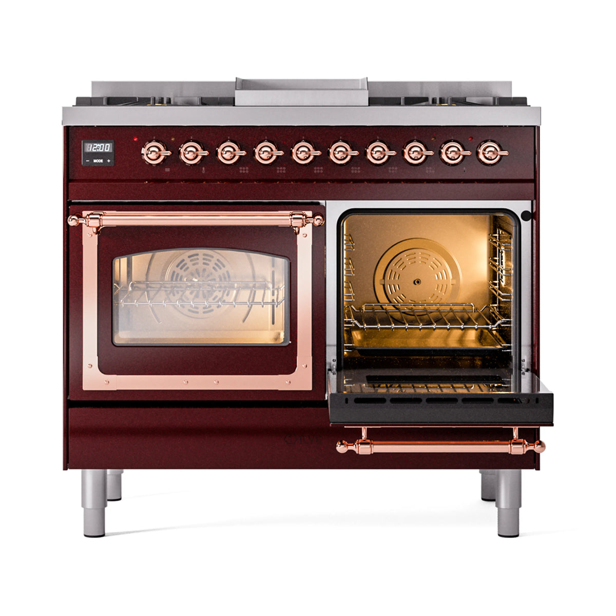 Burgundy dual fuel range with one oven open and glass door, showing interior rack