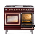 ILVE 40-Inch Nostalgie II Noblesse Natural Gas Dual Fuel Range with Triple Glass Door Oven in Burgundy with Copper Trim (UND40FNMPBUP)