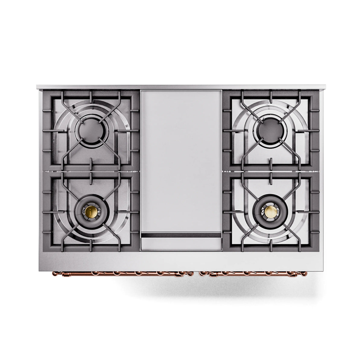 Dual fuel range burner layout with two large cast-iron grates and central control panel