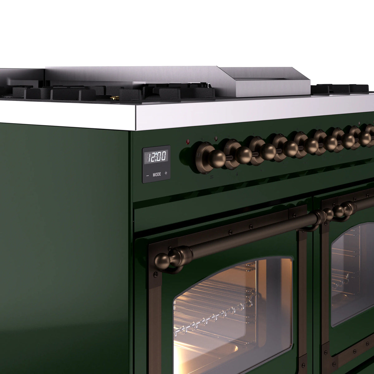 Emerald green range control panel with round bronze knobs and open oven door