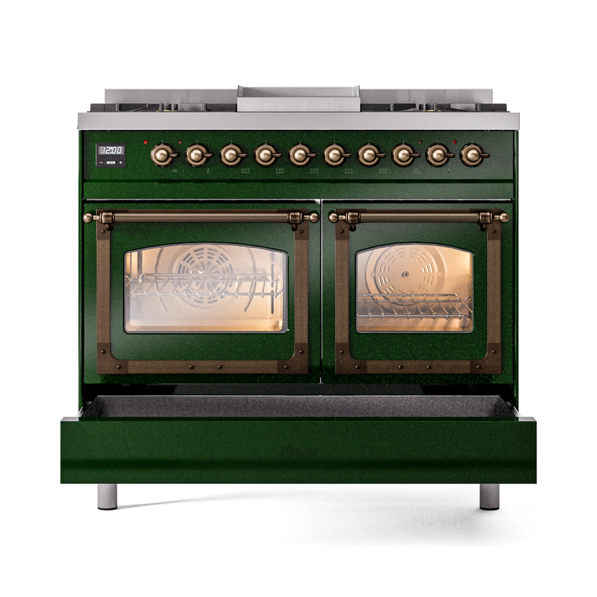 Emerald green dual fuel range with two oven doors and bronze control knobs