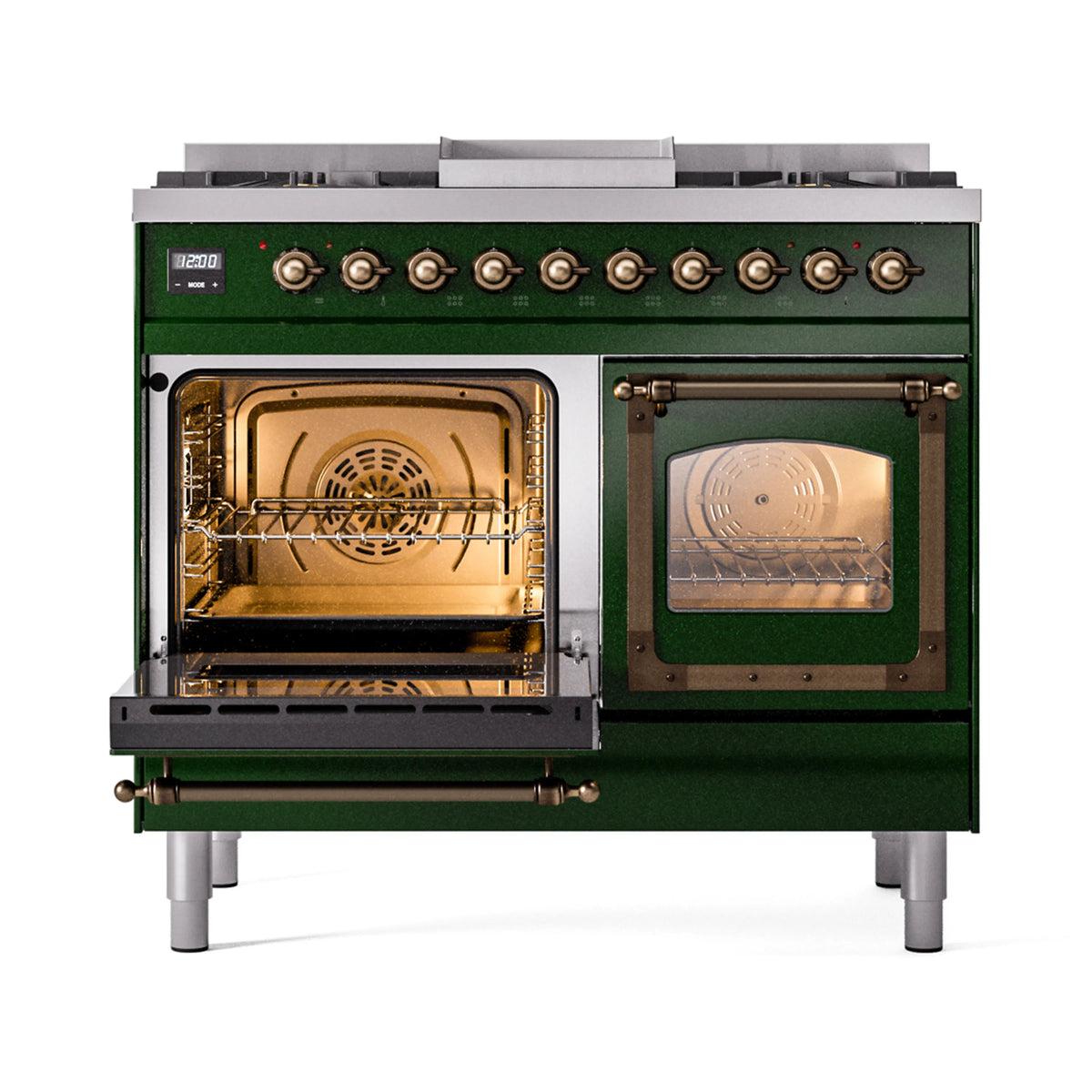 Emerald green dual fuel gas range with one oven door open, bronze-trimmed glass window