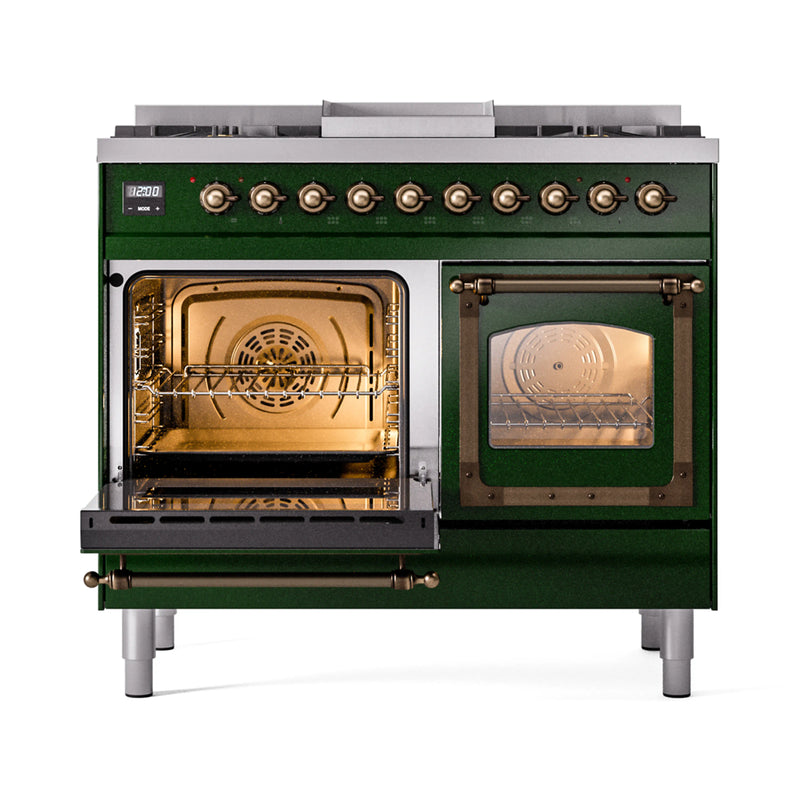 ILVE 40-Inch Nostalgie II Noblesse Dual Fuel Range with Triple Glass Door Oven in Emerald Green with Bronze Trim (UND40FNMPEGB)