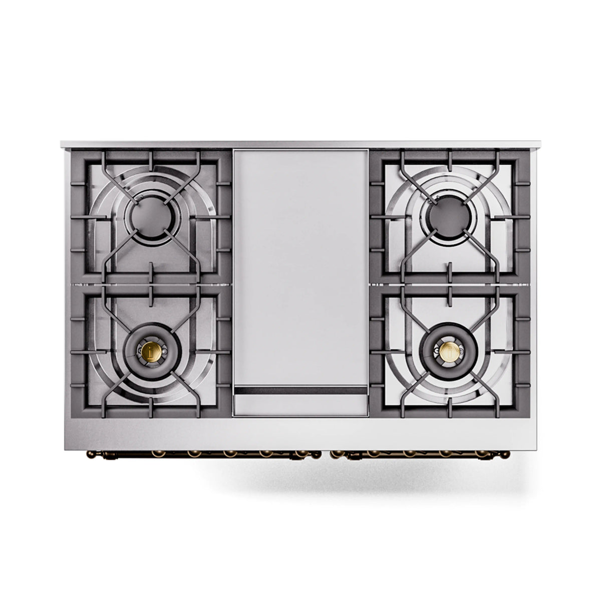 Emerald green dual fuel range cooktop with four cast grates