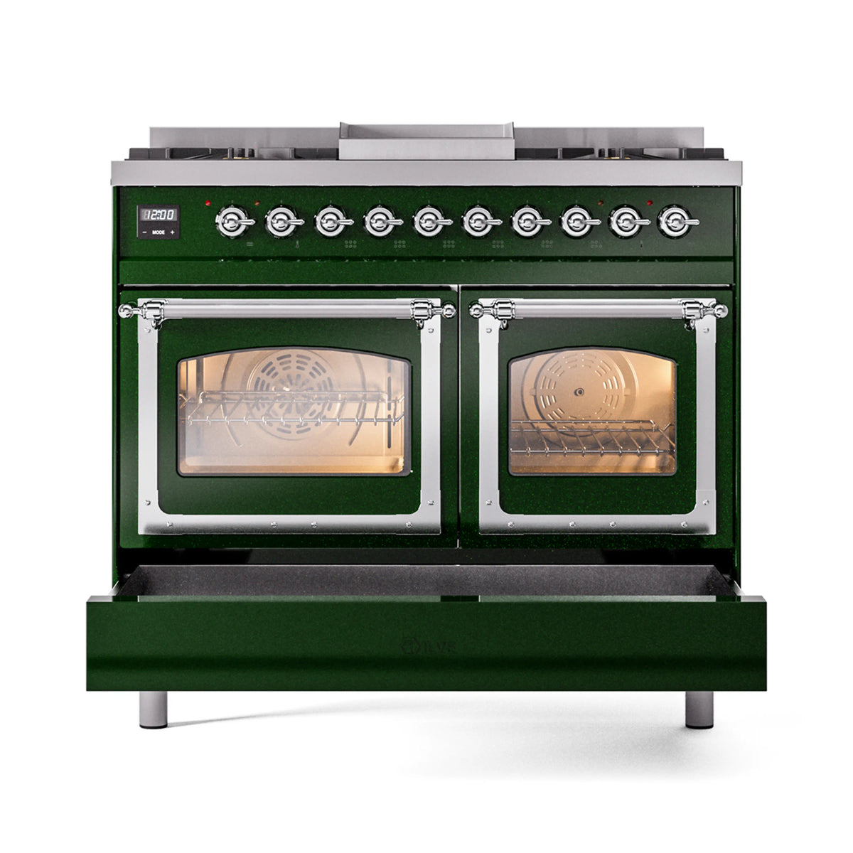 Emerald green range with twin glowing glass oven windows and chrome door frames