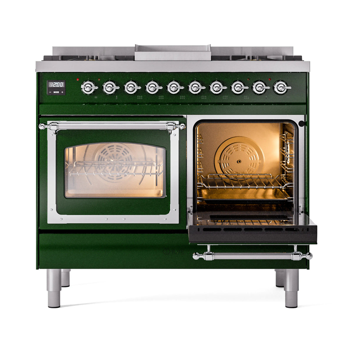 Emerald green range with left and right oven doors open, showing racks