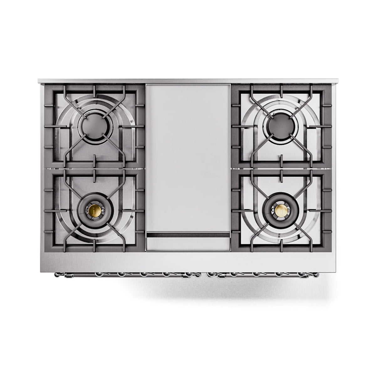 Stainless burner layout for a dual fuel range with grates and center panel