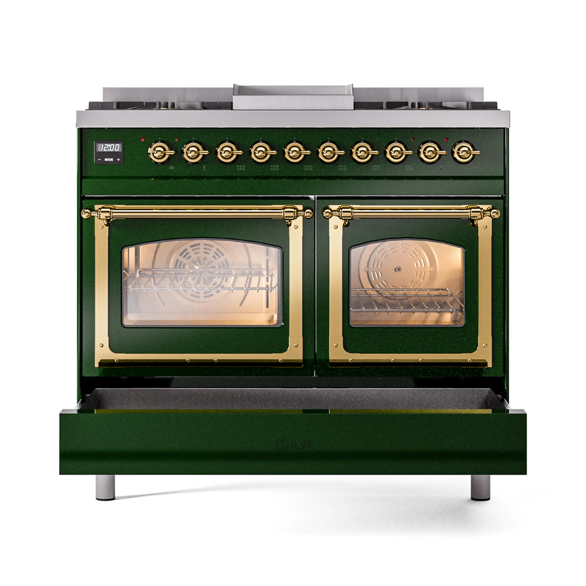 Emerald green dual fuel range with two oven doors, brass trim, and glass windows