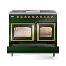ILVE 40-Inch Nostalgie II Noblesse Natural Gas Dual Fuel Range with Triple Glass Door Oven in Emerald Green with Brass Trim (UND40FNMPEGG)
