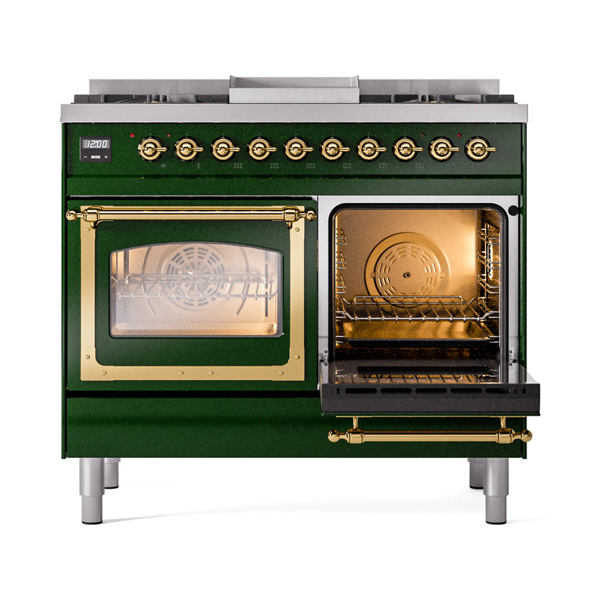 Emerald green dual fuel range with left oven door open and right oven door closed