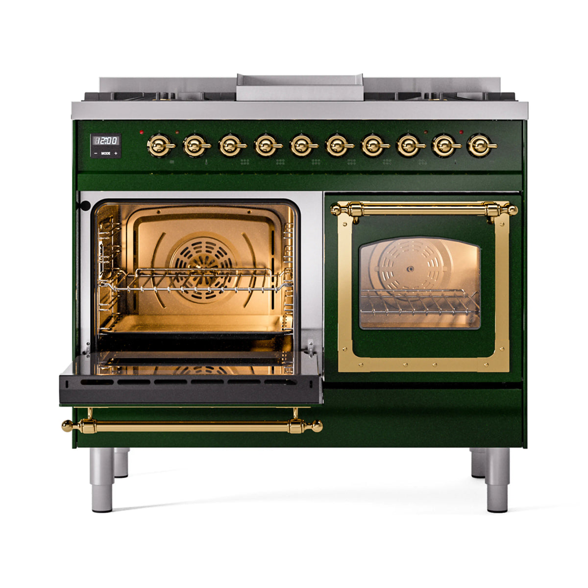 Emerald green dual-fuel range with both oven doors open, showing racks and burners