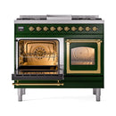 ILVE 40-Inch Nostalgie II Noblesse Natural Gas Dual Fuel Range with Triple Glass Door Oven in Emerald Green with Brass Trim (UND40FNMPEGG)