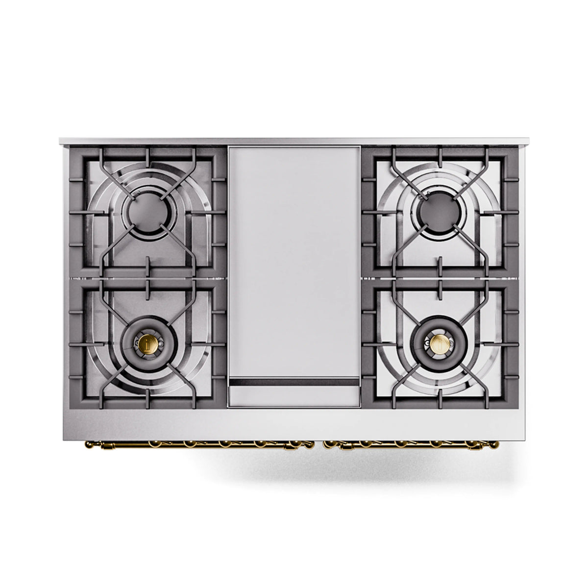 Emerald green cooktop with four gas burners and cast grates