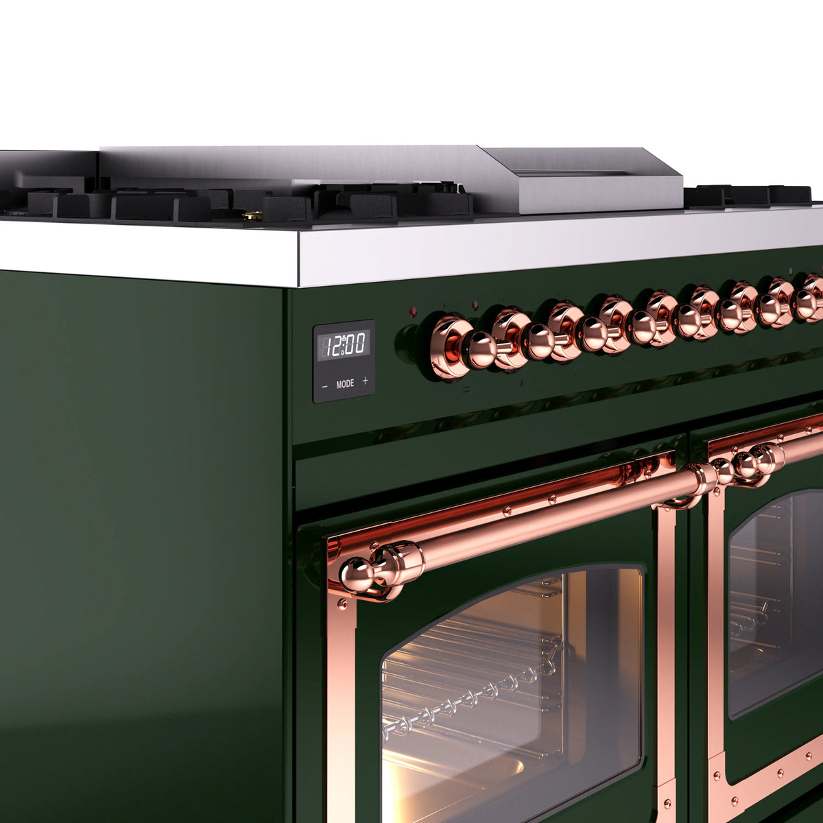 Close-up of emerald green dual fuel range control knobs with copper trim and vented handle
