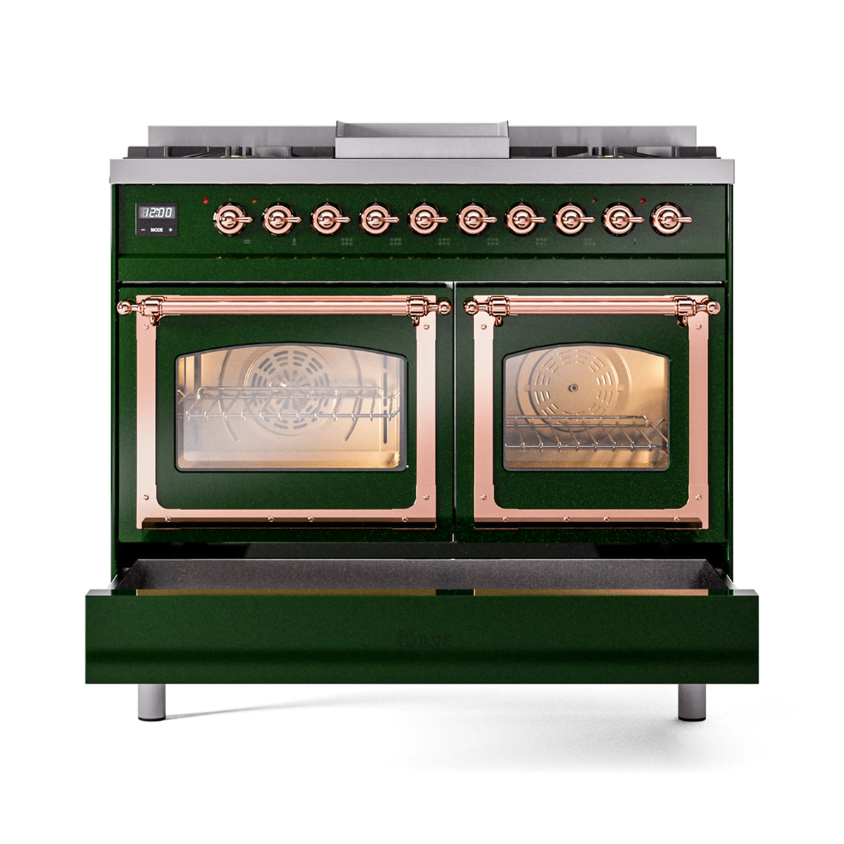 Emerald green dual-fuel range with two oven glass doors and copper trim handles